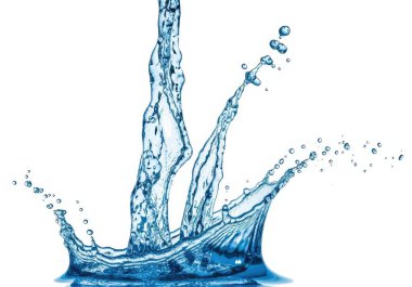 Düz beyaz arkaplan üzerinde farklı yönlerde uçan damlacıklar ile dinamik bir hareketle yukarı ve yana doğru sıçrayan berrak mavi bir sıvı.