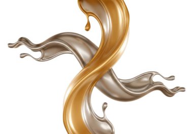 Resim, hareket halindeki altın ve gümüş sıvıların dinamik ve sanatsal bir temsilini tasvir ediyor. İki sıvı akış ve akıcılık hissi yaratarak birbirleriyle iç içe geçiyor gibi görünüyor. Altın sıvı bir tarafta ve...