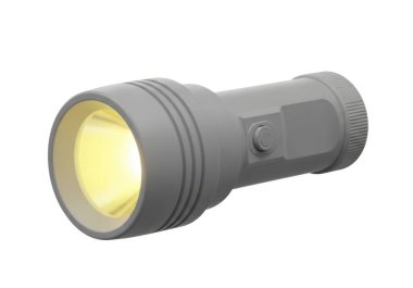 Beyaz arka planda sarı ışığı olan gri bir el feneri. El feneri silindir şeklindedir ve ucunda bir düğme vardır.