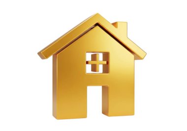 Sağ tarafında baca, ön tarafında pencere olan üç boyutlu bir altın ev ikonu. Evin üçgen çatılı ve dikdörtgen gövdeli basit bir tasarımı var. Simge düz beyaz arkaplana göre ayarlanır.