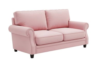 Görüntü, iki koltuklu ve beyaz arka planlı pembe bir kanepeyi gösteriyor. Koltuğun açık pembe bir rengi var ve kumaş veya deriden yapılmış gibi görünüyor. İki koltuk minderi ve iki arka yastığı var. Kanepenin kolları yuvarlanmış ve kısaltılmış klasik bir tasarımı var.