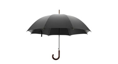 Kroşe saplı siyah bir şemsiye beyaz arka planda gösteriliyor, şemsiye açık ve basit bir tasarımı var