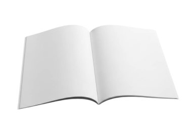 Yukarı bakan iki boş sayfası olan açık bir kitabın fotoğrafı, düz beyaz bir arkaplan üzerine kurulmuş. Kitap, omurgası ortada ve sayfaları hafif kıvrımlı, düz bir şekilde yatıyor gibi görünüyor..