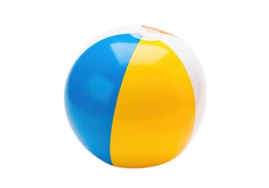 Büyük bir şişme plaj topu mavi, sarı ve beyaz renkli blok tasarımlı, düz beyaz arka planda oturuyor, muhtemelen yaz veya plaj aktivitelerinde kullanılır.