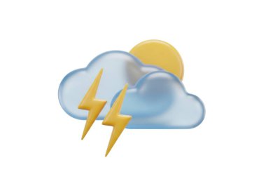 Sarı güneşin önünde iki sarı şimşek çakan bir bulutun çizimi.