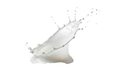 Görüntü beyaz sıvının dinamik bir yansımasını tasvir ediyor, muhtemelen süt ya da su, temiz ve nötr beyaz arka plana karşı. Sıvı, çeşitli yönlerde uçan damlacıklar ile hareket ediyor gibi görünüyor, enerji ve hareket hissi yaratıyor..