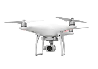 Altına kamera bağlanmış beyaz bir dji drone, düz beyaz bir arkaplanda.