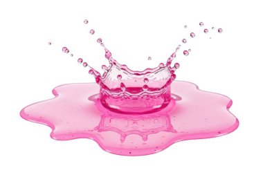 Pembe bir sıvı, beyaz bir zemin üzerinde pembe bir sıvı birikintisinin içine sıçrıyor ve dışa doğru uçan damlacıklarla taç benzeri bir şekil yaratıyor.