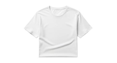 Düz beyaz tişört, düz beyaz arka plan, kısa kollu, mürettebat boyunlu.