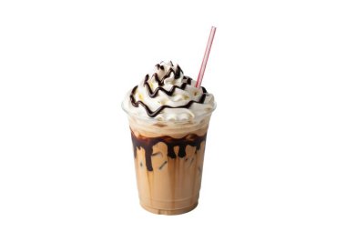 a mocha frappuccino with whipped cream and chocolate drizzle in a clear cup with a straw
