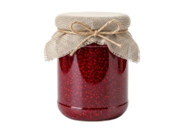 Ev yapımı reçelle dolu bir kavanoz, çuval bezi ile mühürlenmiş ve sicimle bağlanmış, sade beyaz bir arka planda duruyor.