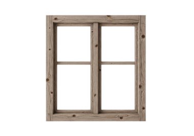 Kırsal bir tasarıma sahip ahşap bir pencere çerçevesi, aşınmış ahşaptan yapılmış, iki büyük cam, dikey bir kiriş ve iki yatay kirişle ayrılmış, düz beyaz bir arkaplan üzerine kurulmuş.