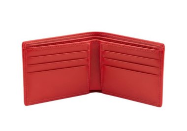 Görüntü, içini göstermek için açılmış kırmızı deri bir cüzdanı gösteriyor. Cüzdan pürüzsüz, kırmızı deriden yapılmış ve birkaç kart yuvası ve nakit bölmesi var. Düz beyaz bir arkaplanda sergileniyor, bu da ürün fotoğrafı olabileceğini gösteriyor.