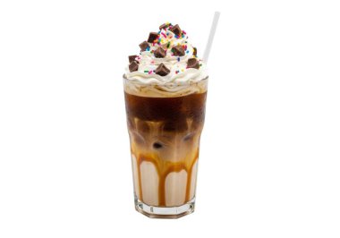 a glass of iced coffee with caramel syrup dripping down the sides, topped with whipped cream and chocolate sprinkles, with a straw inserted