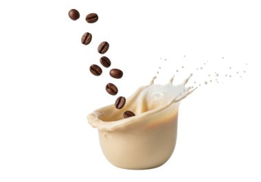 içine kahve çekirdekleri dökülen bir fincan kremalı kahve, düz beyaz arka planda bir sıçrama etkisi yaratıyor.