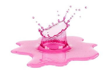 Pembe bir sıvı aynı renkte bir su birikintisinin içine sıçrıyor, dışa doğru uçan damlacıklarla taç benzeri bir şekil yaratıyor, düz beyaz bir arka planda.