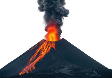 Görüntü, yanardağın kenarlarından erimiş lavların aktığı güçlü bir volkanik patlamayı ve gökyüzüne doğru yükselen büyük siyah duman ve külle birlikte tasvir ediyor. Sahne, doğanın saf ve yıkıcı gücünü yakalar.