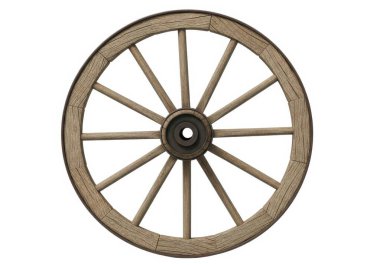 Bu görüntü, merkezi bir metal merkezden yayılan sekiz eşit aralıklı telin yer aldığı iyi korunmuş ahşap bir araba tekerleğini gösteriyor. Tekerlek, muhtemelen dayanıklı ahşaptan yapılmış, kırsal ve yaşlanmış bir görünüm sergiliyor ve tipik bir tr tasarımı var.