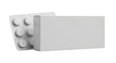 Görüntü, büyük, düz beyaz dikdörtgen bir kutunun yanına yerleştirilmiş altı dikdörtgen tablet içeren bir su toplayıcı paketi gösteriyor. Kabarcık paketi şeffaf plastikten yapılmış gibi görünüyor, kutu ise katı ve işaretsiz..