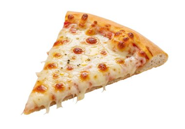 Görüntü, çıtır çıtır altın-kahverengi kabuklu iştah açıcı bir pizza dilimini gösteriyor. Malzemeler arasında eşit dağıtılmış pepperoni parçaları ve bir tabaka erimiş mozzarella peyniri yer alıyor. Peynir lekeler halinde hafif kahverengiye benziyor.