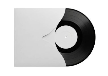 Görüntü, beyaz bir bariyer tarafından çapraz bölünmüş vinil bir plak sergiliyor ve bir D şekli oluşturuyor. Plaklar siyah ve ortasında bir etiket var. Beyaz bariyer pürüzsüz ve opak. Koyu renk plakla keskin bir tezat oluşturuyor..