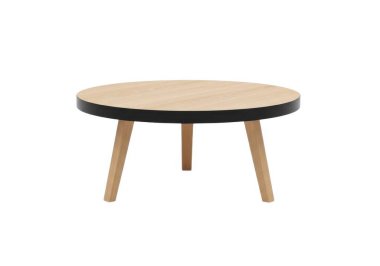 Görüntü parlak, minimalist yuvarlak bir masa gösteriyor açık renkli ahşap bir çerçeve ve zıt siyah bir üst. Tasarım üç ince bacakla desteklenerek modern ve şık bir görünüm kazandırılmaktadır. Bu tür bir masa modern ortama uyacaktır, S.