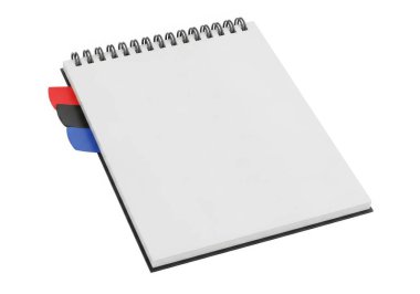 Görüntü boş, spiral kaplı bir dizüstü bilgisayarın bir yüzeyde yattığını gösteriyor. Defterin sol tarafında siyah spiral kapağı olan temiz, beyaz bir kapağı var. Kırmızı, mavi ve siyah uçlu çok renkli bir kalem kısmen sağ üst co 'ya yerleştirilir