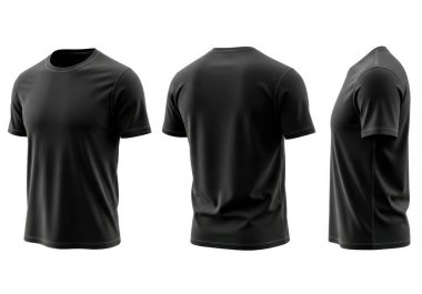 Bu resim üç farklı açıdan çekilmiş siyah kısa kollu bir tişörtü gösteriyor: ön, arka ve yan. Kumaş pürüzsüz, esnetilebilir bir kumaş gibi görünüyor. Günlük kıyafetlere uygun. Tasarım basit, yuvarlak bir yaka ve mi