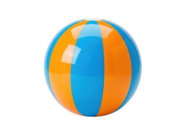 Görüntü, iki farklı renkten oluşan küresel bir plaj topunu gösteriyor. Turuncu ve mavi, geniş ve kıvrımlı bölümler halinde dizilmiş. Top kauçuk bir maddeden yapılmış gibi görünüyor ve düz, beyaz bir zemin üzerine kurulmuş, ona temiz ve odaklanmış bir başkan veriyor.