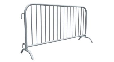 Görüntü, görünürlük için eşit aralıklı yatay levhalarla sağlam bir metal kontrol bariyerini tasvir ediyor. Bariyer, genellikle etkinliklerde, inşaat sahalarında veya kamu gath 'lerinde kalabalıkları yönetmek için kullanılan güvenlik ve istikrar için eğri uçlu kapaklar oluşturdu