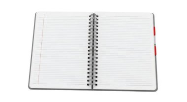 Resim, boş sayfaları olan spiral kaplı bir defter gösteriyor. Defter ağırlıklı olarak beyaz ve sol kenarı siyah spiral kaplı. Sağ sayfanın köşesinde kolay referans için kırmızı yer imi veya sekmesi var.