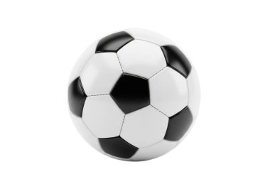 Görüntü, simgesel siyah pentagonları ve beyaz altıgen desenli geleneksel bir futbol topunu gösteriyor. Top küresel bir şekilde gösterilir, düz, beyaz bir yüzey üzerinde dinlenir, çerçevede ek nesne veya dikkat dağıtıcı bir şey olmadan..