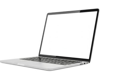 Görüntü, geniş ekran, ince beden ve arka planda ışıklandırılmış klavye içeren gümüş renkli bir dizüstü bilgisayarı gösteriyor. Dizüstü bilgisayar, temiz ve minimalist tasarımını gösteren bir açıyla açık görünüyor. Aygıt düz beyaz arkaplana göre ayarlandı,