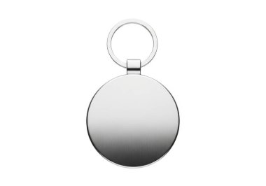 Bu resim, pürüzsüz ve yansıtıcı yüzeyi olan yuvarlak metalik bir kolyeye sahip modern bir anahtarlığı gösteriyor. Kolye sağlam metal bir yüzüğe bağlı, anahtarlara ya da çantaya kolayca bağlanmasını sağlıyor. Tasarım minimalist ve cilalı.,