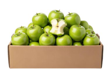 Resim parlak yeşil elmalarla dolu bir karton kutuyu gösteriyor. Ortasından bir elma kesilerek açılır. İçi ve içi kıtır kıtır beyaz olur. Elmalar sıkıca paketlenmiş ve canlı ve sağlıklı bir görünüm sergiliyorlar..