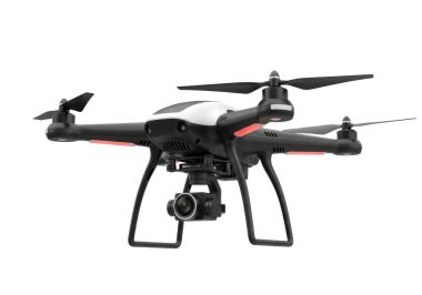 Bu resim, altında dört pervane ve bir monte kamera ile donatılmış sofistike bir kuadkopter drone gösteriyor. İnsansız hava aracı siyah ve kırmızı renk şemasına sahip parlak bir tasarıma sahip ve görünüşe göre bunun için bir dengeleme sistemi var.