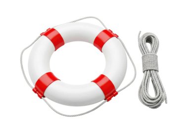 Görüntü dairesel bir yaşam şamandırası gösteriyor. Genellikle kırmızı kenarı ve kırmızı iç astarlı, su güvenliği için tasarlanmış. Sarmalı gri bir iple eşleştirilmiş, muhtemelen şamandırayı bir kişiye ya da nesneye bağlamak için kullanılmış. Her iki öge de