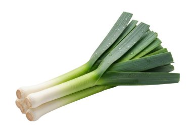 Görüntü düzgün bağlanmış bir demet pırasayı gösteriyor. Uzun, soluk yeşil üstleri ve açık yeşil sapları var. Pırasalar taze ve canlı görünüyor, temiz ve canlı görünüyor, muhtemelen mutfak kullanımı veya piyasa gösterisine hazır..