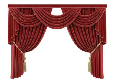 Görüntü, tiyatrolarda bulunanlara benzeyen klasik örtülü, zengin dokulu kırmızı kadife bir perde sergiliyor. Perde karmaşık pliselere sahiptir ve her iki taraftan sarkan altın püsküller ile vurgulanır, biraz zenginlik katar ve