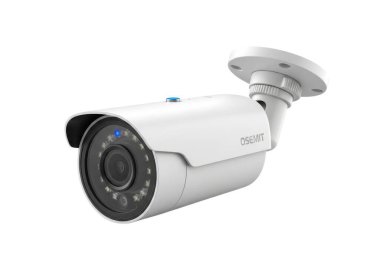 Bu görüntü, objektifinin etrafında çoklu LED ışıkları olan, açık ya da kapalı mekanda gözetleme için tasarlanmış, parlak, beyaz kurşun tarzı bir güvenlik kamerası gösteriyor. Kamera beyaz bir tavan dirseğine monte edilmiştir, kurulum için hazır olduğunu gösterir. Th