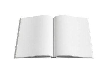 Resim, düz bir arkaplana yayılmış temiz, boş beyaz sayfaları olan açık bir kitap görüntüler. Kitap pürüzsüz, süslenmemiş bir yüzeyi olan sert bir kapağa benziyor ve sayfaların kenarları biraz kıvrılmış, bu da yeni ve kullanılmamış olduğunu gösteriyor..