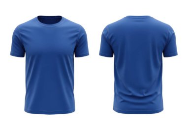 Görüntü, hem ön hem de arka perspektiften sergilenen kısa kollu mavi bir tişörtü gösteriyor. Kumaş yumuşak ve esnek görünüyor. Günlük kıyafetlere uygun. Tişörtte parmak izi ya da süsleme olmayan basit, klasik bir dizayn var.