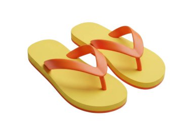 Görüntü kırmızı kayışlı parlak sarı parmak arası terlikleri gösteriyor. Kayışlar geniş ve Y şeklinde tasarlanmış, rahat bir uyum sağlıyor. Tabanları düz ve kauçuktan yapılmış gibi görünüyor. Parmak arası terlikler nötrün üzerinde yan yana konur.