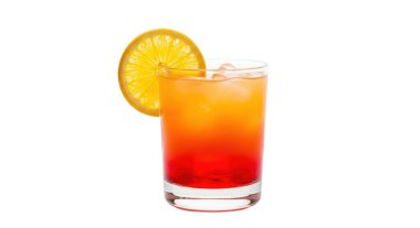 Uzun ve berrak bir bardakta sergilenen ferahlatıcı bir kokteyl. Üç farklı sıvı katmanı var. Dipteki koyu kırmızı renkten ortadaki parlak turuncu renge ve daha açık sarı bir üst renge dönüşüyor. İçki bir dilim portakalla süslenmiş.