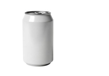 Görüntü, ağırlıklı olarak beyaz renkli, markasız, silindirik bir kutu gösteriyor. Kutunun pürüzsüz bir yüzeyi var ve metalden yapılmış gibi görünüyor. Tepede standart bir çekme sekmesi var ve düz bir yüzey üzerinde dikey duruyor.