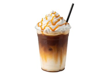 This image shows a tall, frosty iced caramel macchiato served in a clear plastic cup. The drink features layers of espresso, milk, and caramel syrup, topped with whipped cream and caramel drizzle. A black straw is inserted into the cup, ready for sip