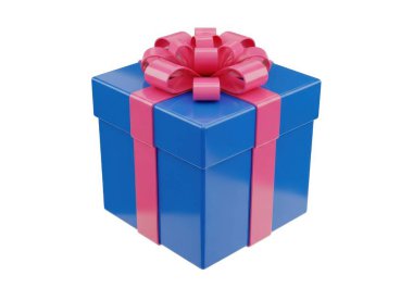 Resim, büyük pembe saten kurdele ile bağlanmış canlı mavi renkli bir hediye kutusunu gösteriyor. Kutunun parlak bir kapanışı var ve kurdele üzerine zarif bir fiyonk bağlanarak görsel olarak çekici bir sunum yaratıyor. Tüm sahne...