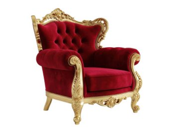 Bu resim çarpıcı, karmaşık bir şekilde tasarlanmış, bordo renkli kadife koltuğu gösteriyor. Sandalyede altın oymalar ve koltuk altları, bacaklar ve sırtüstü aksanlar yer alıyor, muhteşem ve gösterişli bir görünüm sağlıyor. Tüylü geriye ve geriye