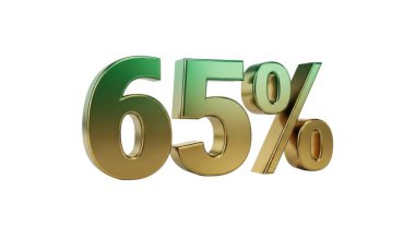 Bu görüntü yüzde altmış beş oranının üç boyutlu bir temsilini içeriyor. Rakamlar parlak, metalik bir kaplama ile stilize edilmiş, hem yeşil hem de altın renkleri içeriyor, parlak ve modern bir görünüm sağlıyor. Görüntü şamandıra kullanıyor