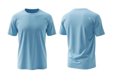 Görüntü, gündelik giysiler için tasarlanmış açık mavi, kısa kollu bir tişört gösteriyor. Ön manzara basit, yuvarlak bir yaka ve rahat bir uyumu gösterirken, arka manzara pürüzsüz kumaş ve minimalist tasarımı vurguluyor. Tişört yapılmışa benziyor.